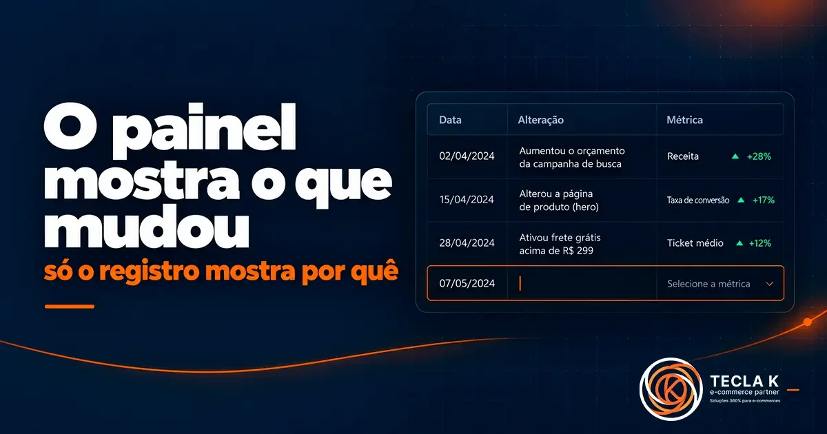 Arte em fundo navy da TECLA K com a frase “O painel mostra o que mudou” e, abaixo, “só o registro mostra por quê” em laranja. À direita, uma tabela estilizada mostra alterações e métricas, com uma quarta linha em branco pronta para novo registro.